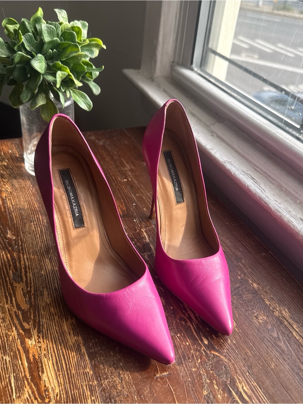 BCBGMaxAzria Hot Pink Pointed-Toe Leather Stiletto Pumps